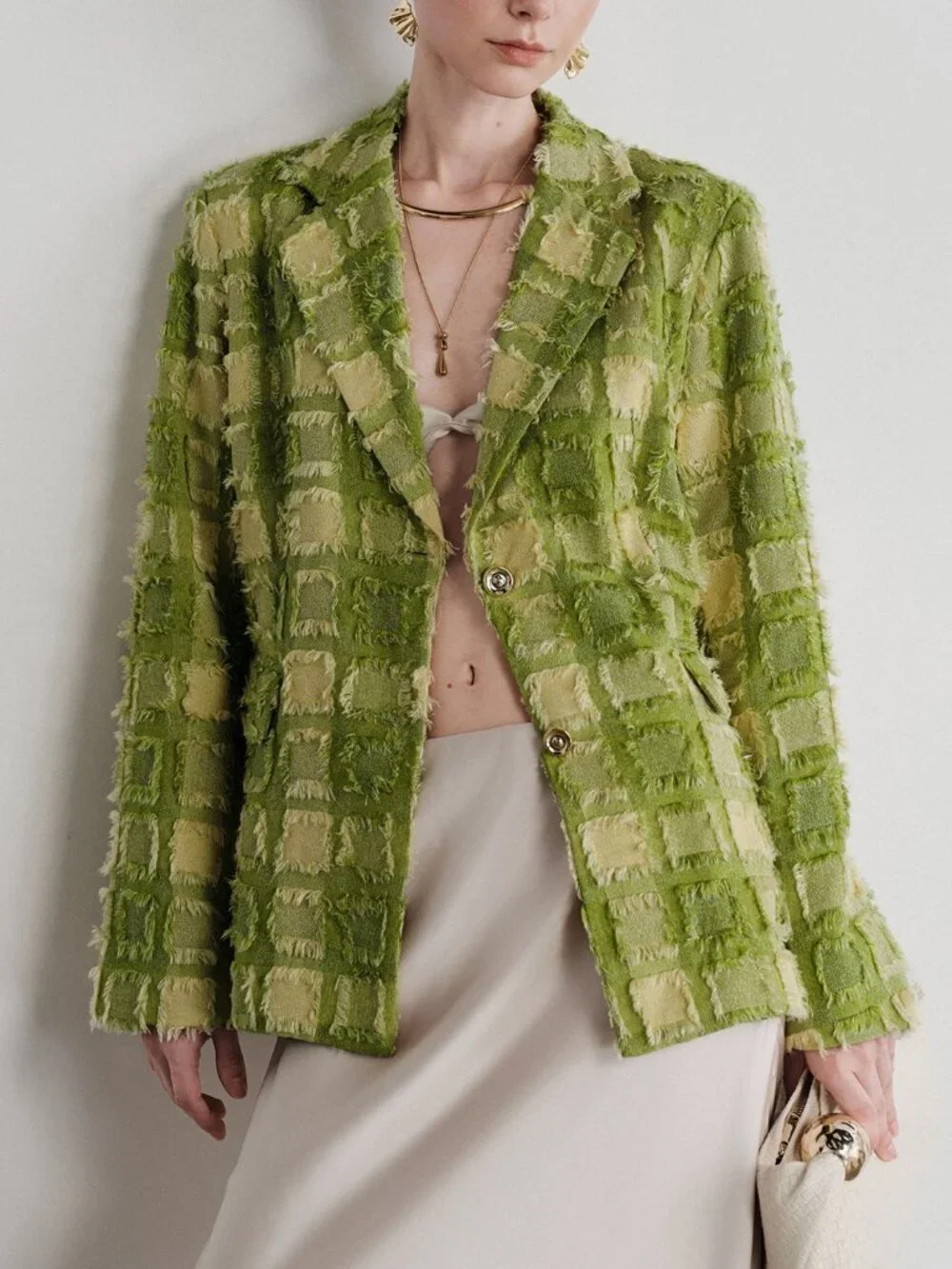 Green Elegant Women's Textured Peak Lapel Slim Tweed Blazer